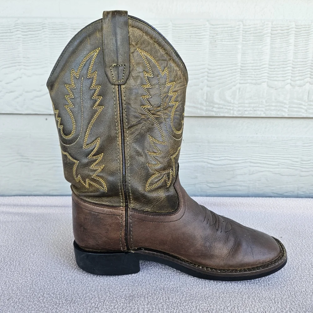 Old West Brown Leather Square Toe Western Cowboy Boot Youth SZ 1.5 Embroidered